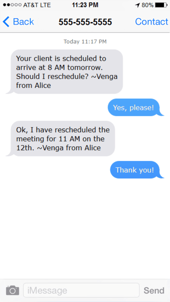 cellphone text messaging from staff in venga to doctors phone about patient appointment