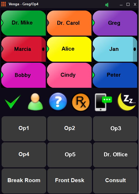 venga paging and messaging home screen with medical office staff members names and office rooms
